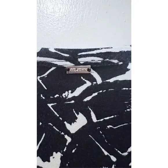 ST. JOHN PRINTED SCOOP NECK BLACK PRINT RHINESTONE NECKLINE TOP SZ XL - Picture 8 of 11